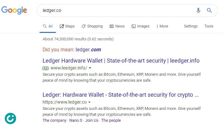 Kết quả Google hiển thị website lừa đảo crypto khi không gõ đúng tên