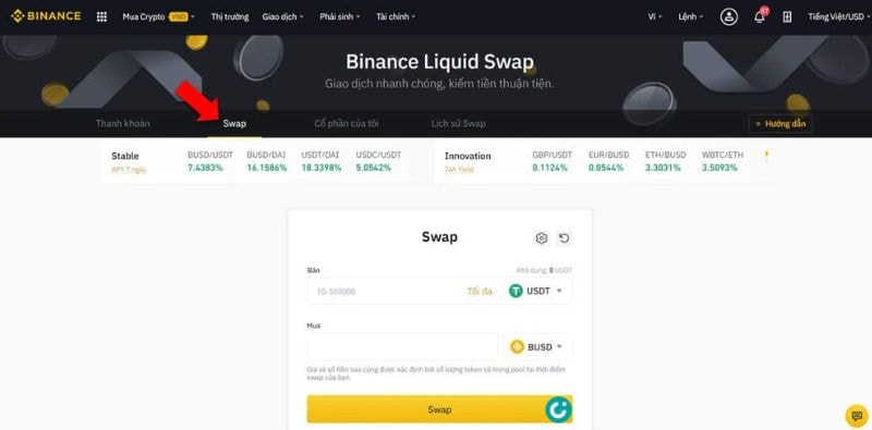 Chọn Swap để hoán đổi coin trên Binance Liquid Swap