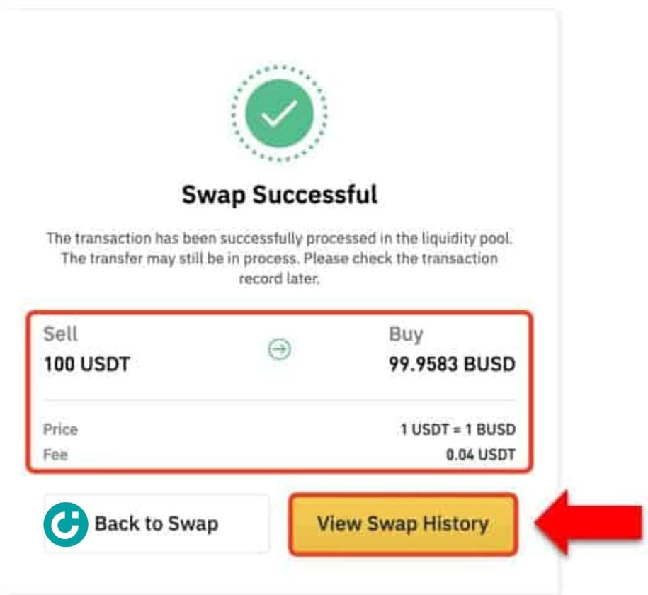 Thông báo hoán đổi coin thành công trên Binance Liquid Swap