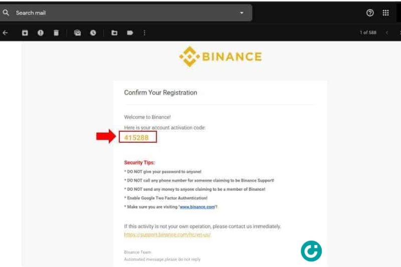Email kèm mã xác minh được gửi từ sàn giao dịch Binance
